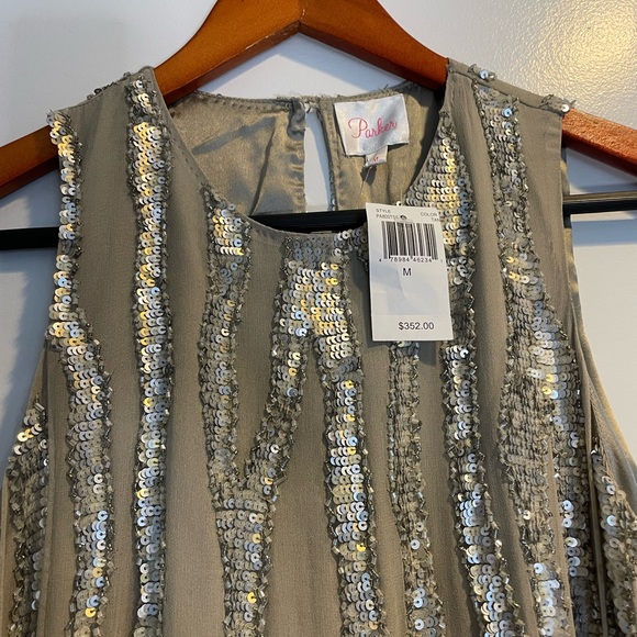 NWT PARKER Beaded Sequin Crew Neck Mini Shift Dress Tan Size M 100% Silk - Picture 11 of 13
